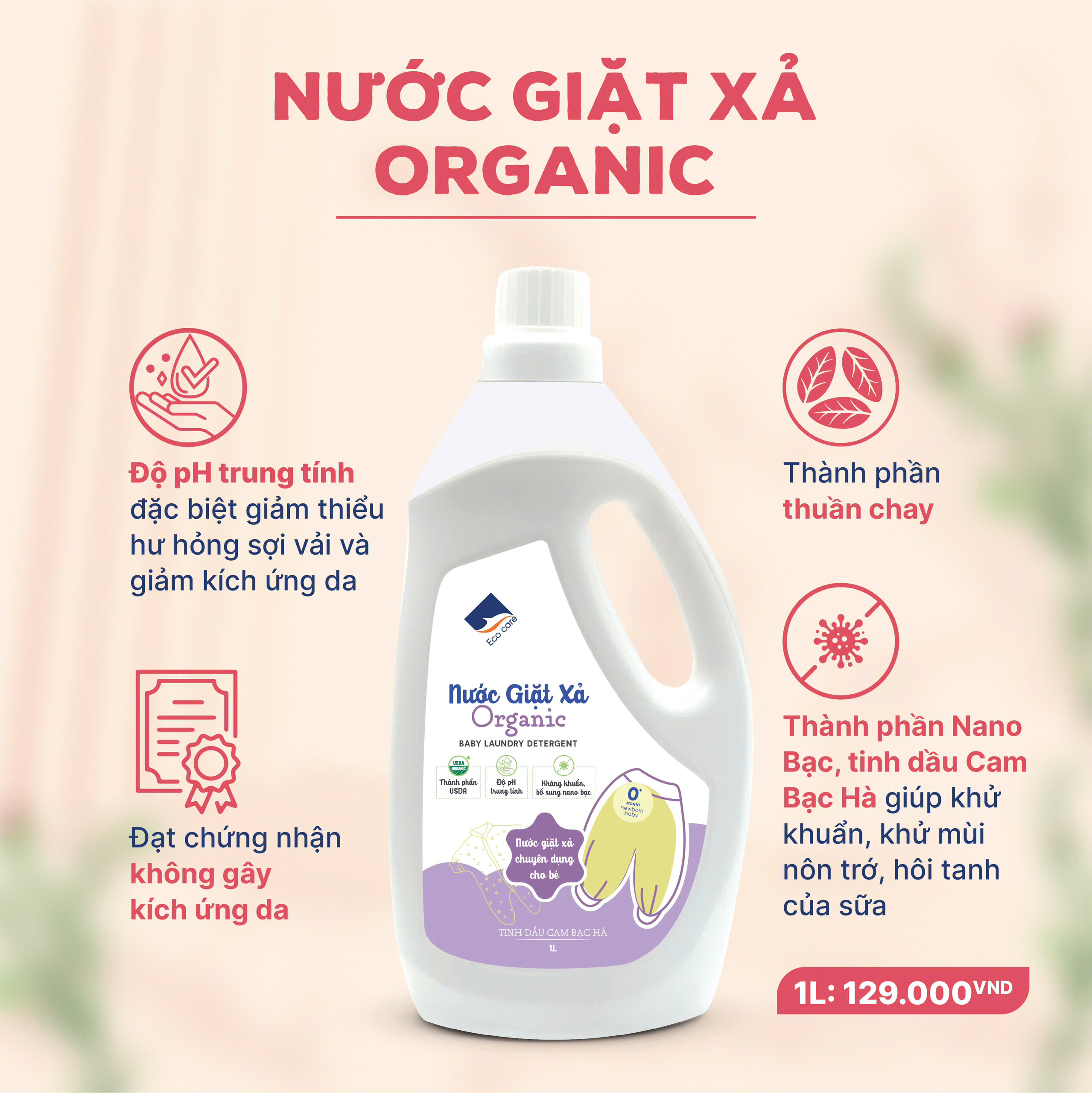 Nước giặt xả em bé Ecocare 1L hương cam bạc hà dành cho bé