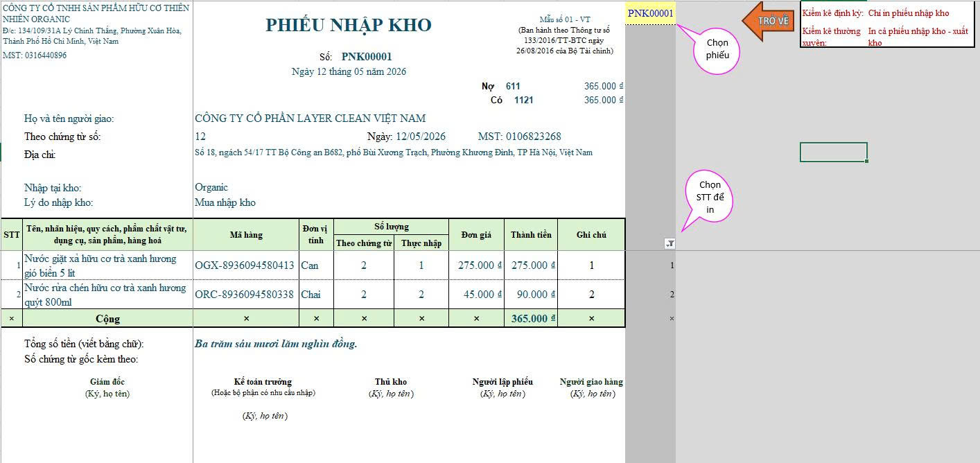 Phần mềm kho hàng excel_Organic